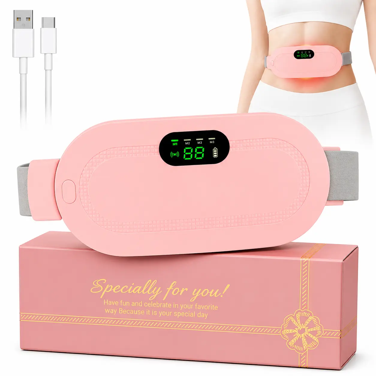 Cordless Heating Pad Wrap - Portable Cordless Heating Belt with 3 Heat Levels, 4 Massage Modes for Back Pain, Menstrual Cramp Relief (Personal Care Appliance)