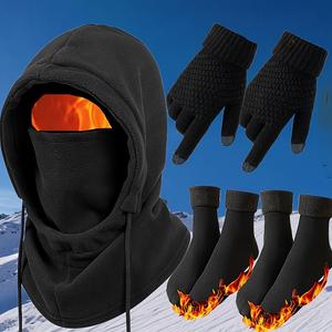 4-piece winter thermal insulation set, windproof and cold proof knitted balaclava hat+gloves+socks set, winter cycling set, thick fleece-lined polar fleece  windproof face mask，Windproof and thermal mask