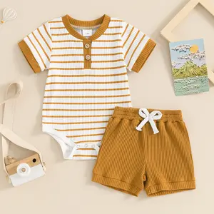 Infant Soft Ribbed Cotton 2-Piece Co-Ord, Henley Snap Bodysuit & Elasticated Waist Drawstring Shorts, Breathable Summer Outfit (0-18M)