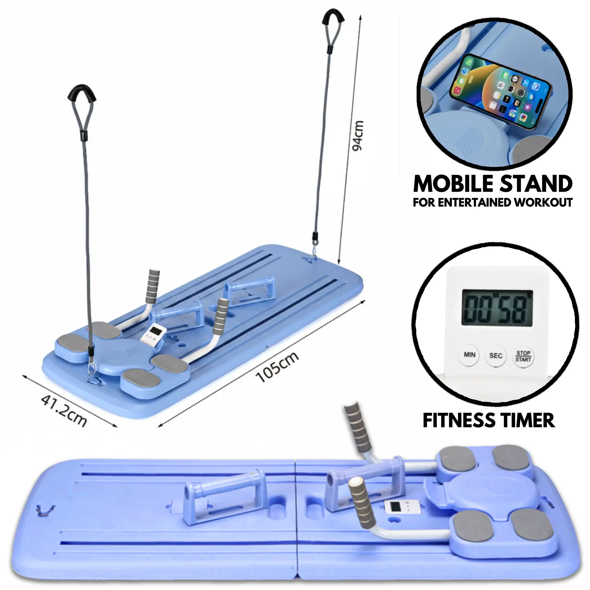 Pilates Machine Equipment, Foldable & Portable 5-in-1 Home Reformer Sliding Board with Adjustable Resistance, Timer, Phone Holder & Portable Mat, At Home Gym, Compact Fold, Fitness Training, Full-Body