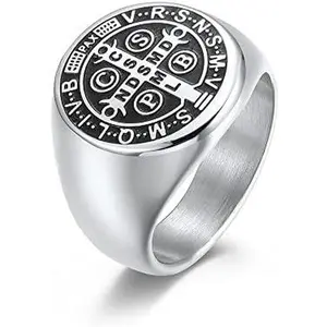 Men's St Benedict Exorcism Ring Stainless Steel Catholic Roman Cross Demon Protection Ghost Hunter Christian Saint Knuckle Middle Bands Holy Brand Rings Religious  for Men Women Father Comfort Fit CPBS