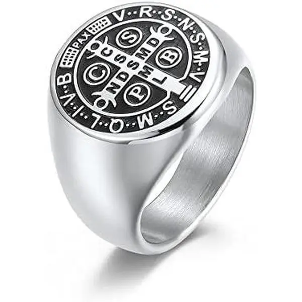 Men's St Benedict Exorcism Ring Stainless Steel Catholic Roman Cross Demon Protection Ghost Hunter Christian Saint Knuckle Middle Bands Holy Brand Rings Religious  for Men Women Father Comfort Fit CPBS