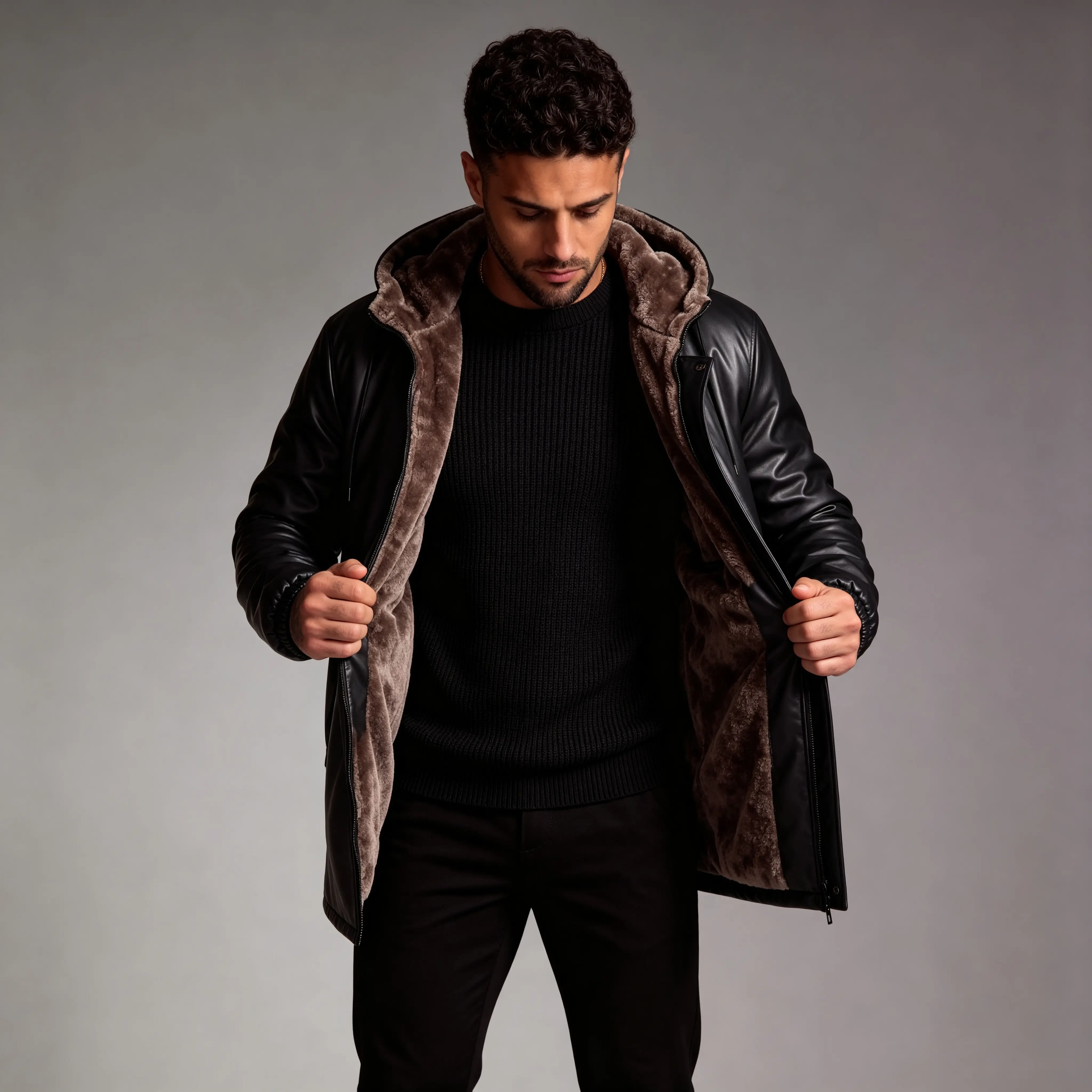 Men's Faux Leather Jacket with Fleece-Lined Hood, Casual Plain Winter Outerwear with Long Sleeves and Zipper, Jeans, Coats, Stylish