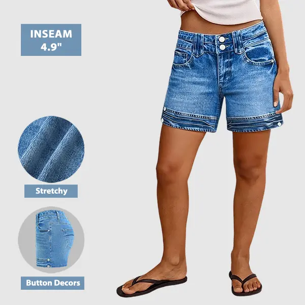 Flamingals Wash Button Decor Mid Waist Denim Mid Thigh Shorts Stretchy 4.9'' Inseam