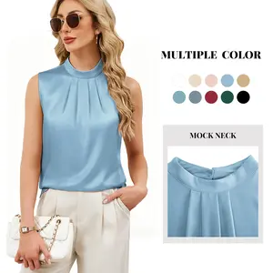 #Springfresh Women's Satin Mock Neck Tank Tops - Elegant, Minimalist, Loose, Lightweight, Solid Plain, Comfortable Sleeveless Dressy Blouses with Pleated Smooth Fabric, Flattering Fit, Plus Size for Business Casual Summer Womenswear (Multiple Colors),summ