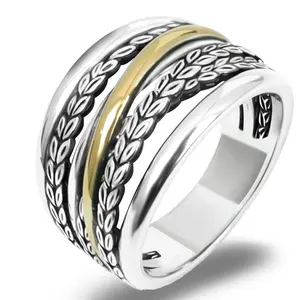 RYQEN 14K Gold-Plated Multi-Layer Wheat Ear Pattern Ring Vintage Bohemian Style Jewelry for Women Elegant Design Christmas Gift