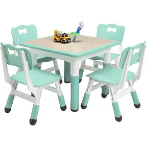 Kids Table and Chairs Set, Height Adjustable Kids Desk With 4 Chairs for Ages 2-10, Multi-Activity Kids Arts Table With Graffiti Desktop and Non-Slip Legs for Classrooms Daycares Home, Light Blue Dining