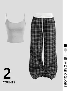 Women's Crop Top Set, Casual Fitted Sleeveless Vest & Plaid Long Pants, Summer Street Style, Hip Hop Dance Wear, Trendy Fashion,Airport Outfit