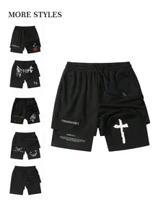 Men's Regular Fit Cross Print 2 in 1 Drawstring Waist Shorts, Casual Pocket Track Shorts for Summer, Fashion Men's Bottoms for Daily Wear, Streetwear Sports Shorts, Athleisure Casual Shorts, Graphic Shorts, Trendy Short, Athletic Short