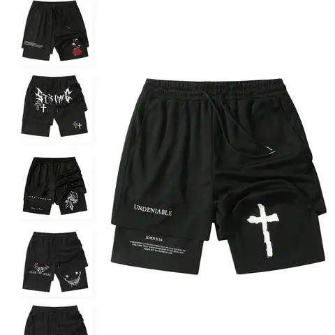 Men's Regular Fit Cross Print 2 in 1 Drawstring Waist Shorts, Casual Pocket Track Shorts for Summer, Fashion Men's Bottoms for Daily Wear, Streetwear Sports Shorts, Athleisure Casual Shorts, Graphic Shorts, Trendy Short, Athletic Short, Shorts with Pocket