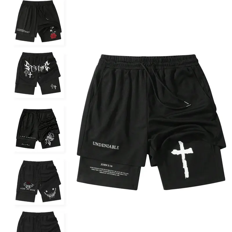 Men's Regular Fit Cross Print 2 in 1 Drawstring Waist Shorts, Casual Pocket Track Shorts for Summer, Fashion Men's Bottoms for Daily Wear, Streetwear Sports Shorts, Athleisure Casual Shorts, Graphic Shorts, Trendy Short, Athletic Short, Shorts with Pocket