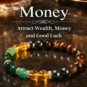 Aura Strand Black Agate, Tiger Eye Stone, Green Dongling Jade, and Yellow Crystal Wealth Bracelet – Lucky Bracelet – Attracts wealth, prosperity, and abundance; suitable for everyday wear and gifting