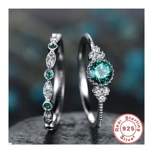 925 Sterling Silver Ring Set for Women, Emerald Zircon Crystals Engagement Wedding Jewelry Gift
