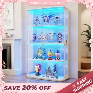 MIIFUNY Large Rounded Display Cabinet with Glass Door, 4-Tier Curio Cabinet with 3 Color Lights for Collectibles, Figures, Glass Display Case with Transparent Full-Display Surface, Human Body Sensor, White