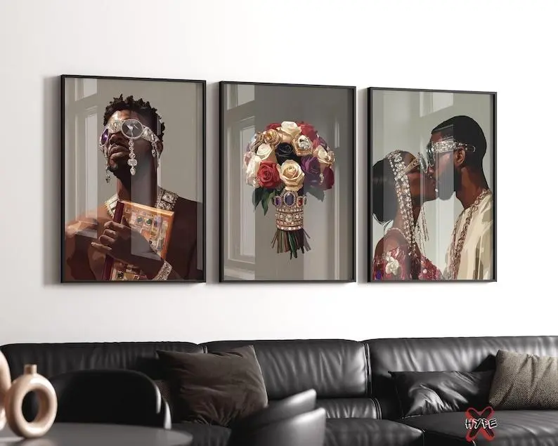 Black Love Wall Art Set of 3, African Couple Kiss Poster, Romantic Hip Hop Decor, Luxury Bouquet Print, Hypebeast Aesthetic  #143