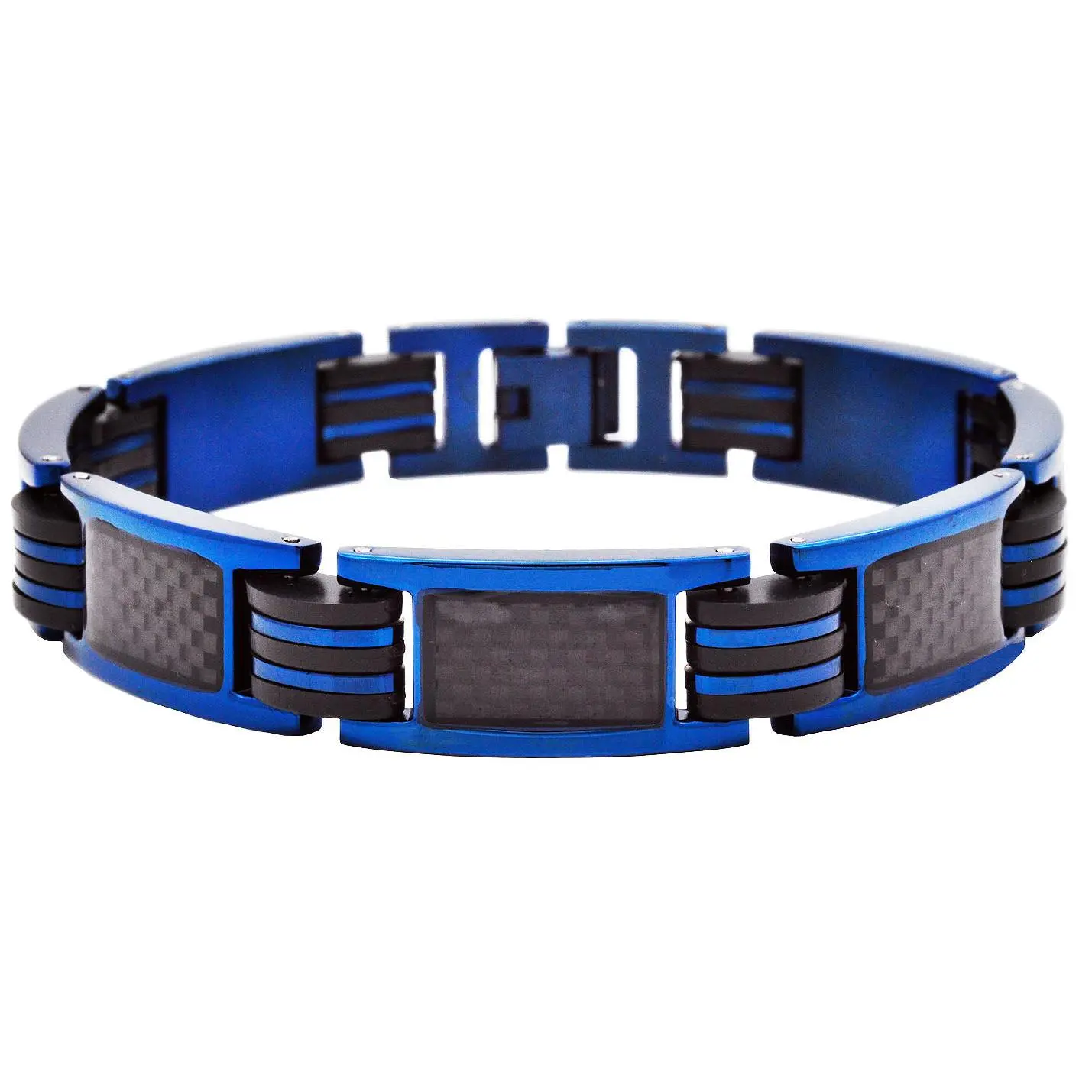 Men's Blue Stainless Steel & Silicone Bracelet With Black Carbon Fiber