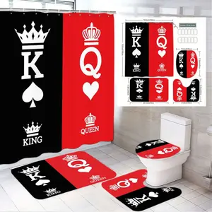 1/4pcs Royal Playing Card Theme Bathroom Curtain Set King Queen Shower Curtain + 3 Floor Mats + Toilet Cover, Black Red White Bold Regal Aesthetic, Perfect for Casino Themed Bathroom Decor, Shower Curtain Sets