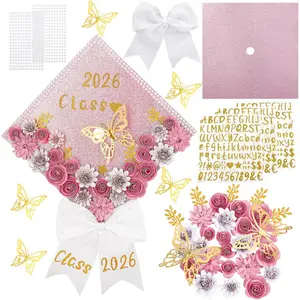 63 count  DIY Graduation Cap Decoration Kit, Grad Cap Topper with Paper , Bow,  Butterflies, Leave  Letter Number Stickers for Personalized 2026 Grad Hat Decor
