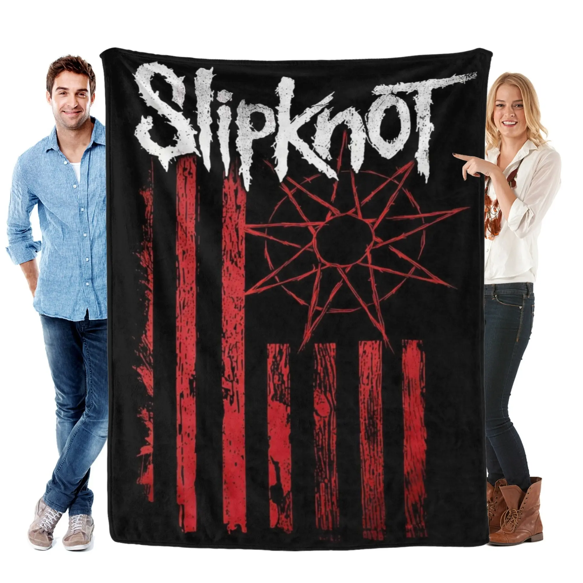 Slipknot Heavy Metal Band Nonagram Logo Red Distressed Flag Flannel Throw Blanket, Premium Ultra-Soft Warm Thick Fluffy Flannel Blanket, Rock Music Home Decor for Sofa, Bed, Living Room, Man Cave, Perfect Gift For Metalheads Rock Fans