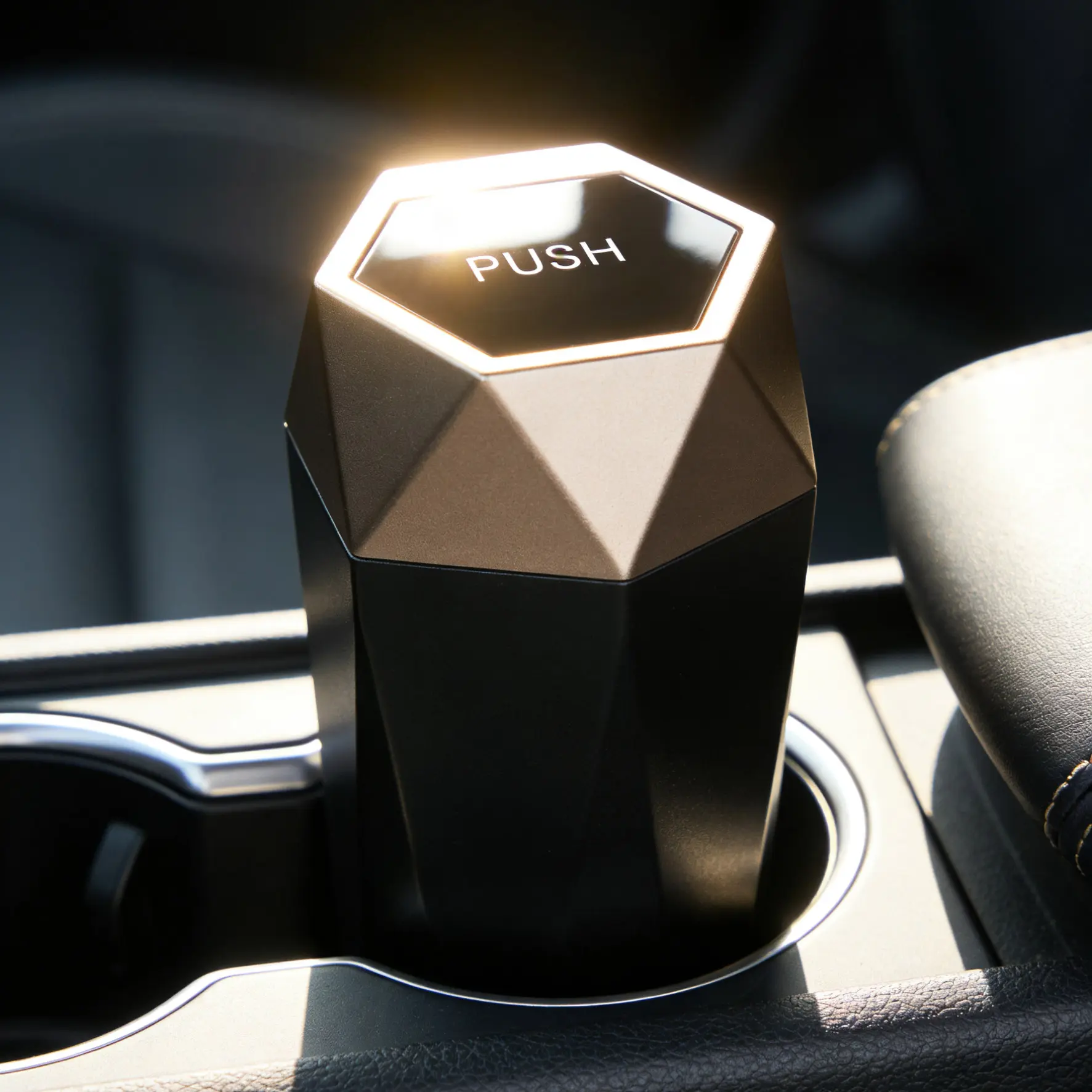Black & Gold Styles Lidded 2-Piece Mini Car Trash Can Set - Cup Holder Fit, Push-Top Diamond Shapes, Leakproof, Compact, Convenient, Portable Stylish Touch Car Interior Accessory Organizer