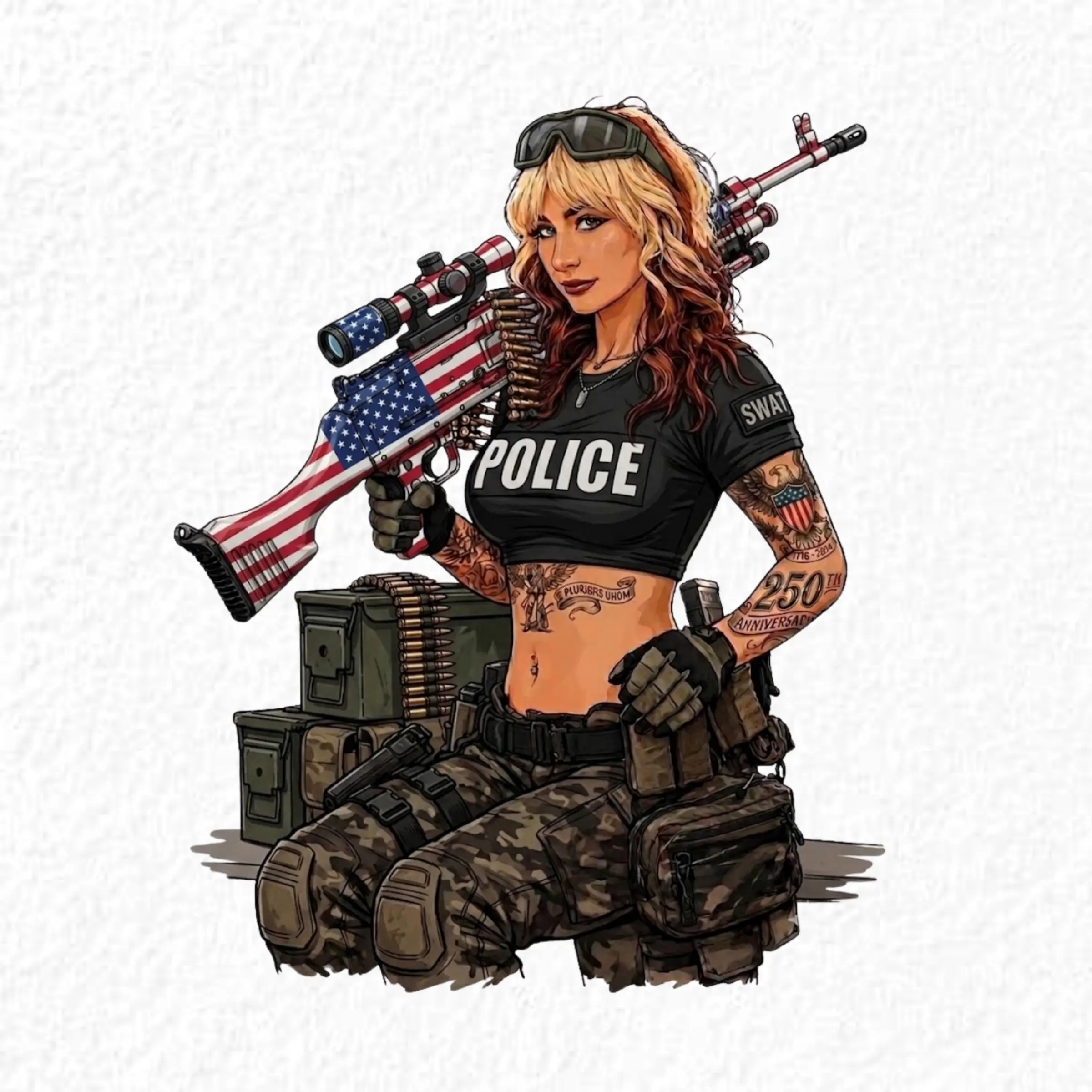 SWAT Patriot Woman Sticker, Blonde Tactical Police Girl with American Flag Rifle, American Freedom Fighter Decal