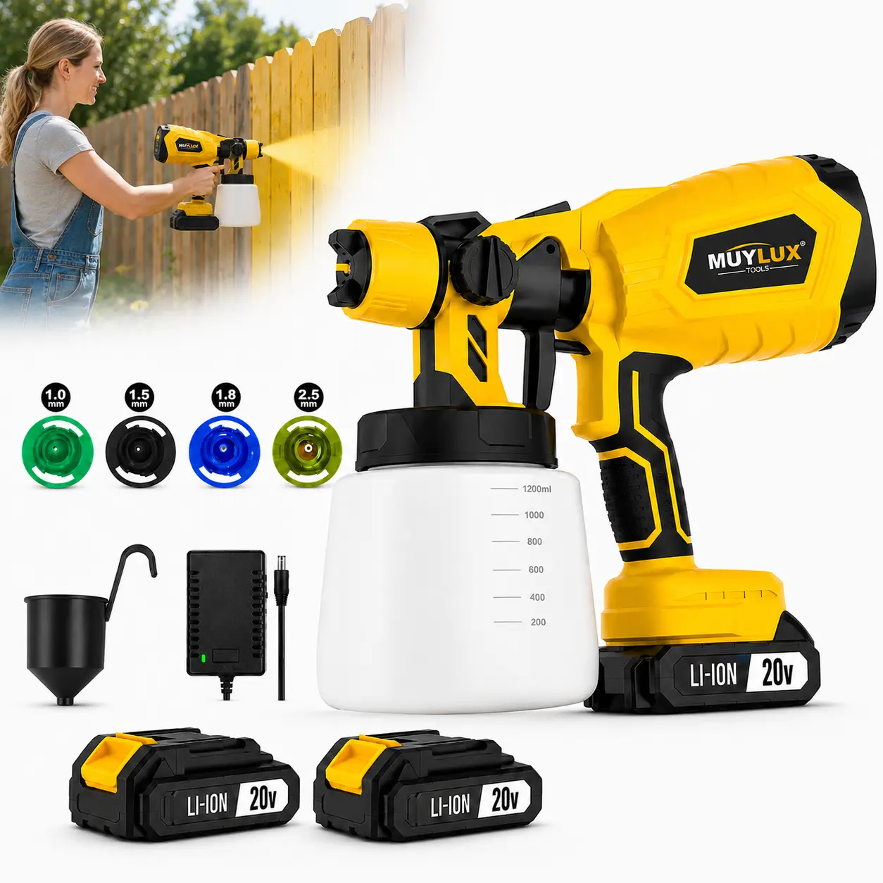 20V Cordless HVLP Paint Sprayer Gun - Cordless 20V Battery, 2 Batteries, 4 Nozzles, 1200ml Tank, Adjustable Spray Pattern, Easy-Clean Accessory for Home DIY, Wall Renovation, Outdoor Projects, Car Touch-Up Work