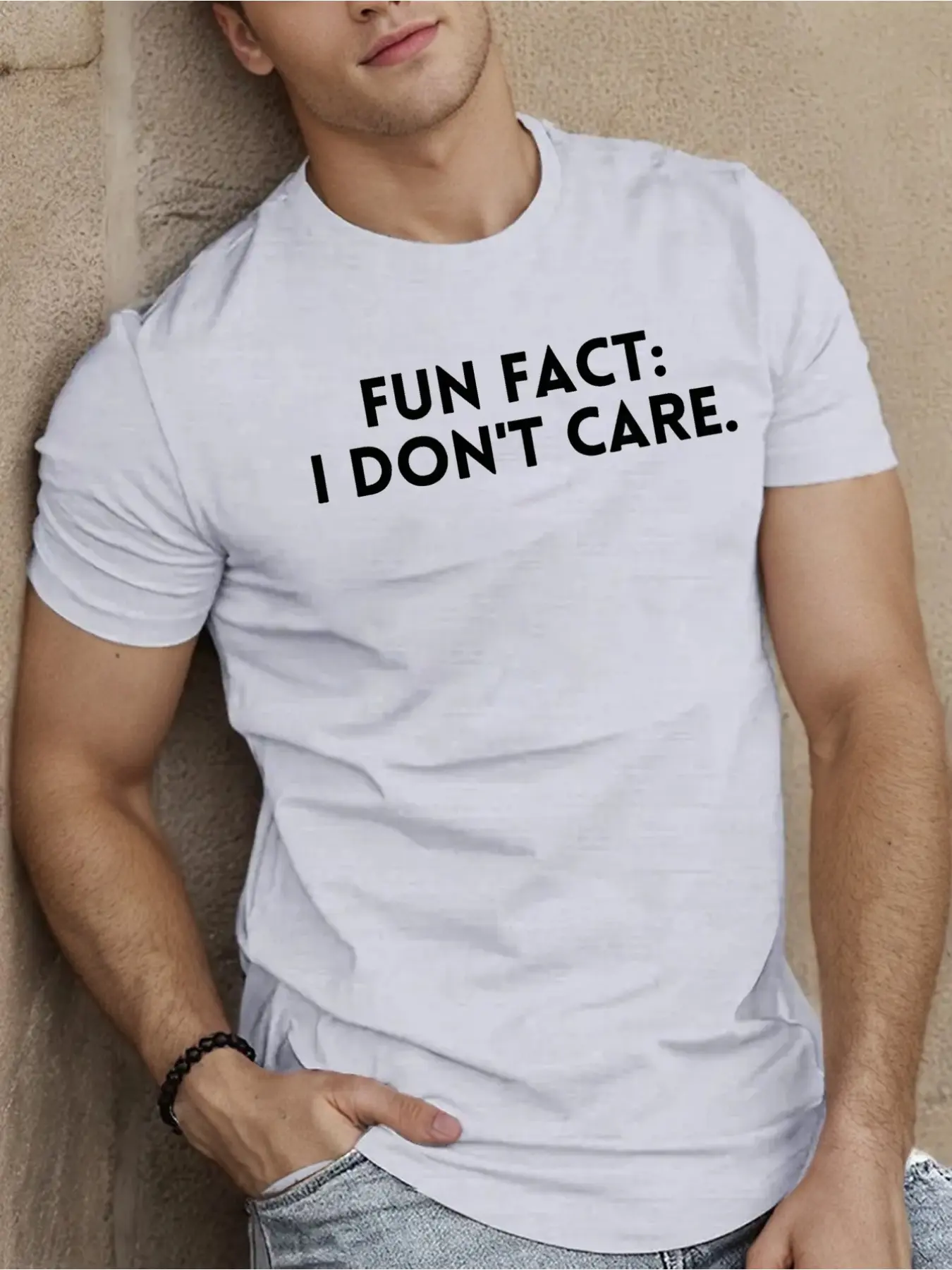 Men's "Fun Fact: I Don't Care" Graphic Tee - Beige Casual Summer Short Sleeve T-Shirt, Lightweight, Round Neck, Machine Washable, Breathable Top |   Round Neck Tee |   Knit Tshirt