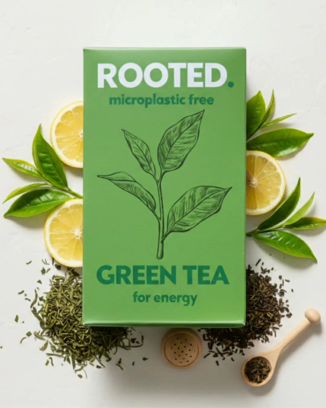 Rooted Organic Green Tea - Microplastic Free, Stitched Cotton Bags, Light Caffeine, Plastic Free 12 Total Bags