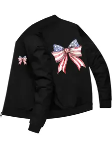 Casual Fashion American Flag Bow Print Bomber Jacket for Daily Commuting and Casual Wear