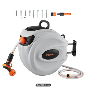 Retractable Hose Reel, 130 ft x 1/2 inch, 180° Swivel Bracket Wall-Mounted, Garden Water Hose Reel with 9-Pattern Nozzle, Automatic Rewind, Lock at Any Length, and Slow Return System