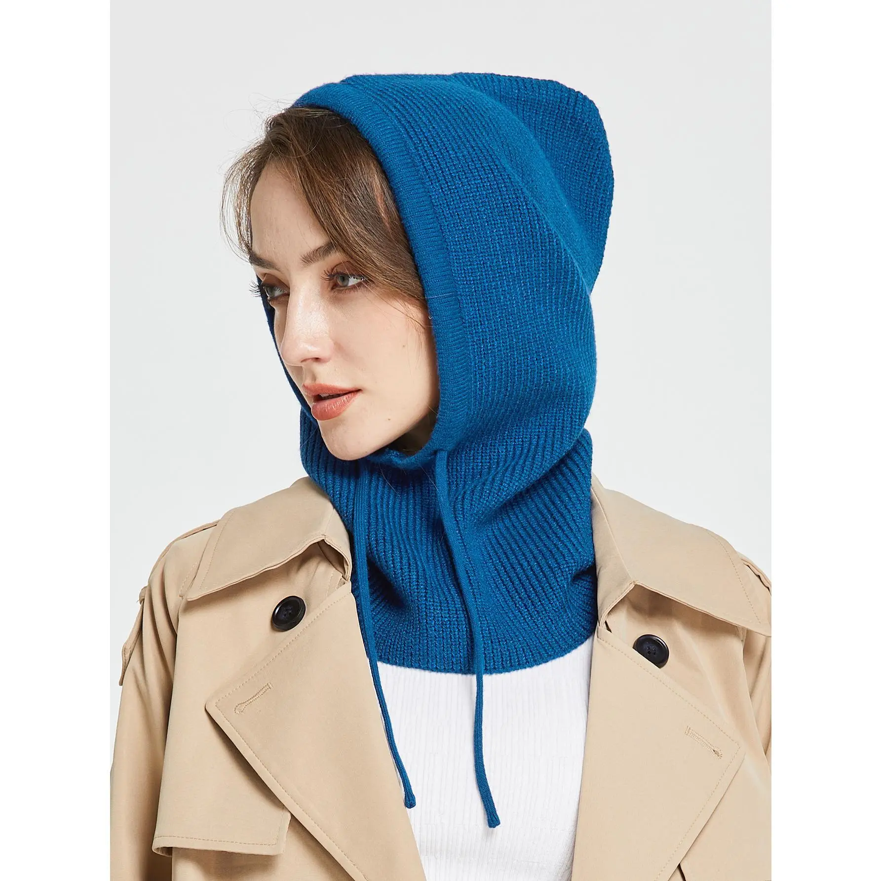 Solid Knit Balaclava Beanie for Winter, Unisex Hooded Neck Warmer with Adjustable Drawstring