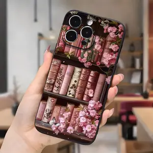 Straight Edge Pink Books And Flowers Pattern Phone Case for iPhone 16 15 14 Pro Max 13 12 11 XR XS Plus Shockproof Non Slip Military-Grade Protection Silicone Cover
