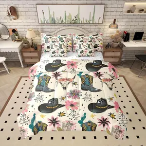 7 Pieces Western Cowboy Comforter Set,Cowboy Boots Hat Bedding Set for Kids Boy Bedroom Decor,Bull Skull Floral Print 7pcs Bed in a Bag with Comforter,Sheets and Pillow Cases