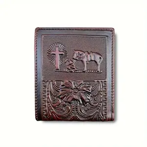 Men's Genuine Leather Wallet Western Cowboy Prayer Print Full Grain Leather Short Bifold Wallet Card Holder, Perfect Gift for Husband Boyfriend