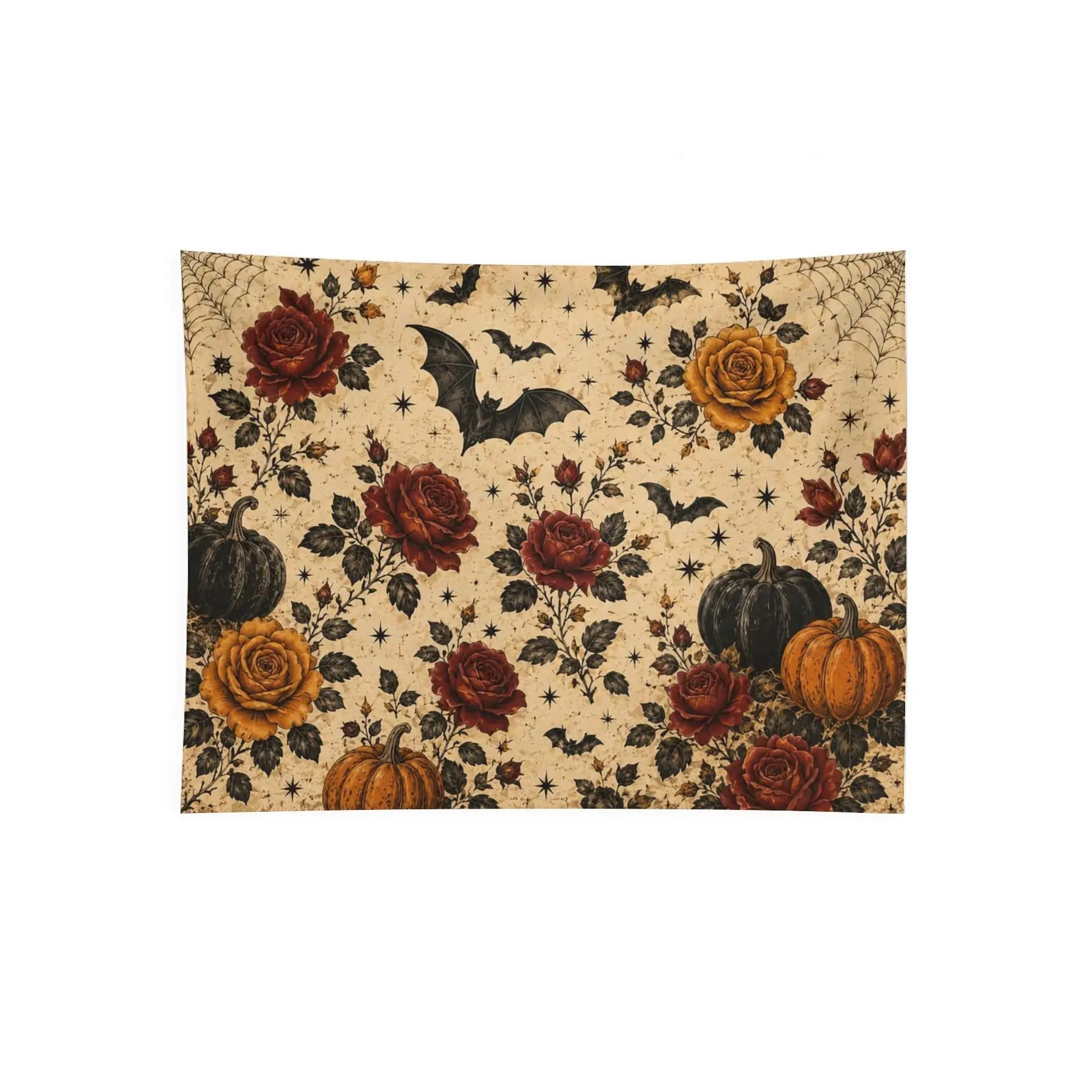 Vintage Halloween Rose Bat Wall Tapestry, Gothic Pumpkin Floral Spooky Autumn Dark Cottagecore Bedroom Wall Decor