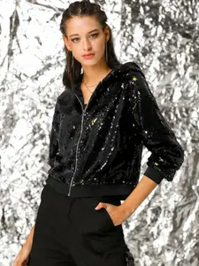 Women's Sequined Casual Jacket, Ombre Pattern, Fitted Style, Zipper Design, Long Sleeve, All Seasons Wear, Perfect for Parties