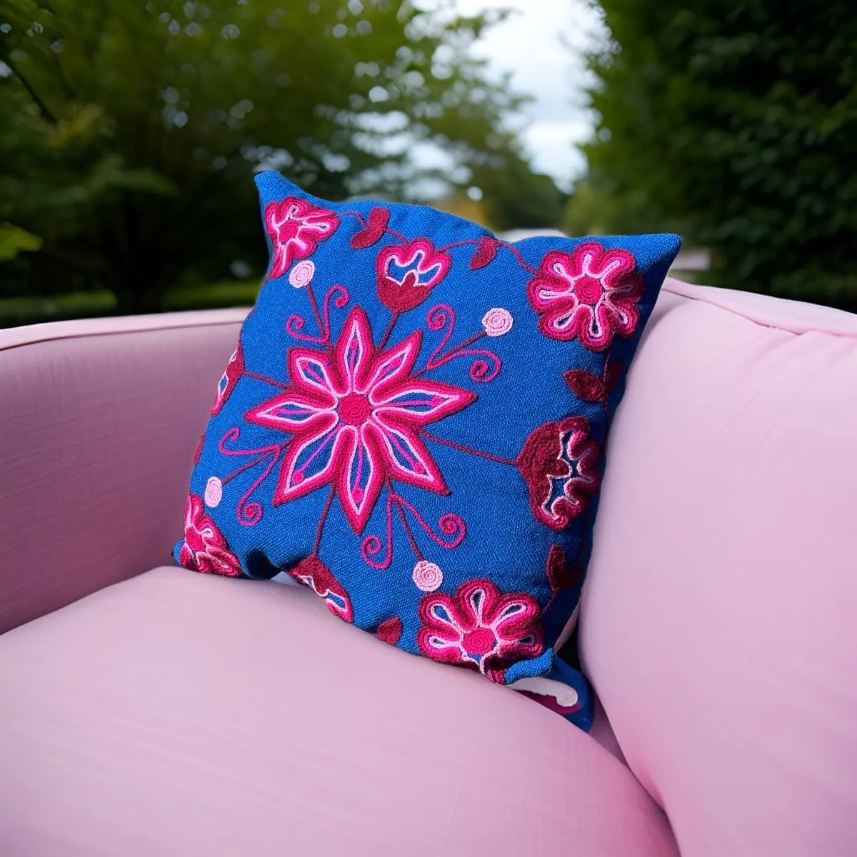 Handmade wool pillow case with floral embroidery
