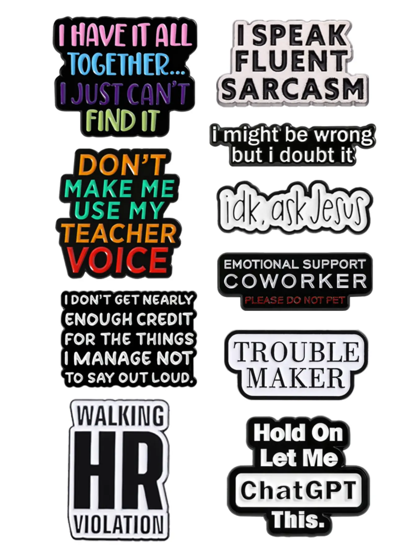 12-Piece Set Fun English Phrases Enamel Brooches, Lapel Brooch Pin Clip, Humor Alloy Pins, Casual Plain Design, Fashion Accessories for All Seasons