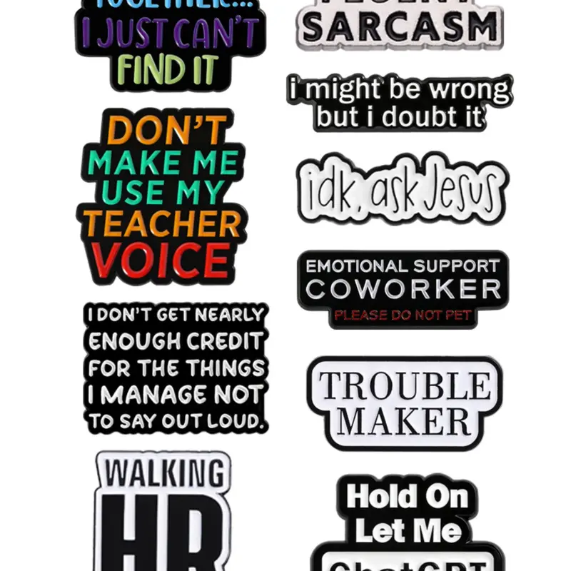12-Piece Set Fun English Phrases Enamel Brooches, Lapel Brooch Pin Clip, Humor Alloy Pins, Casual Plain Design, Fashion Accessories for All Seasons