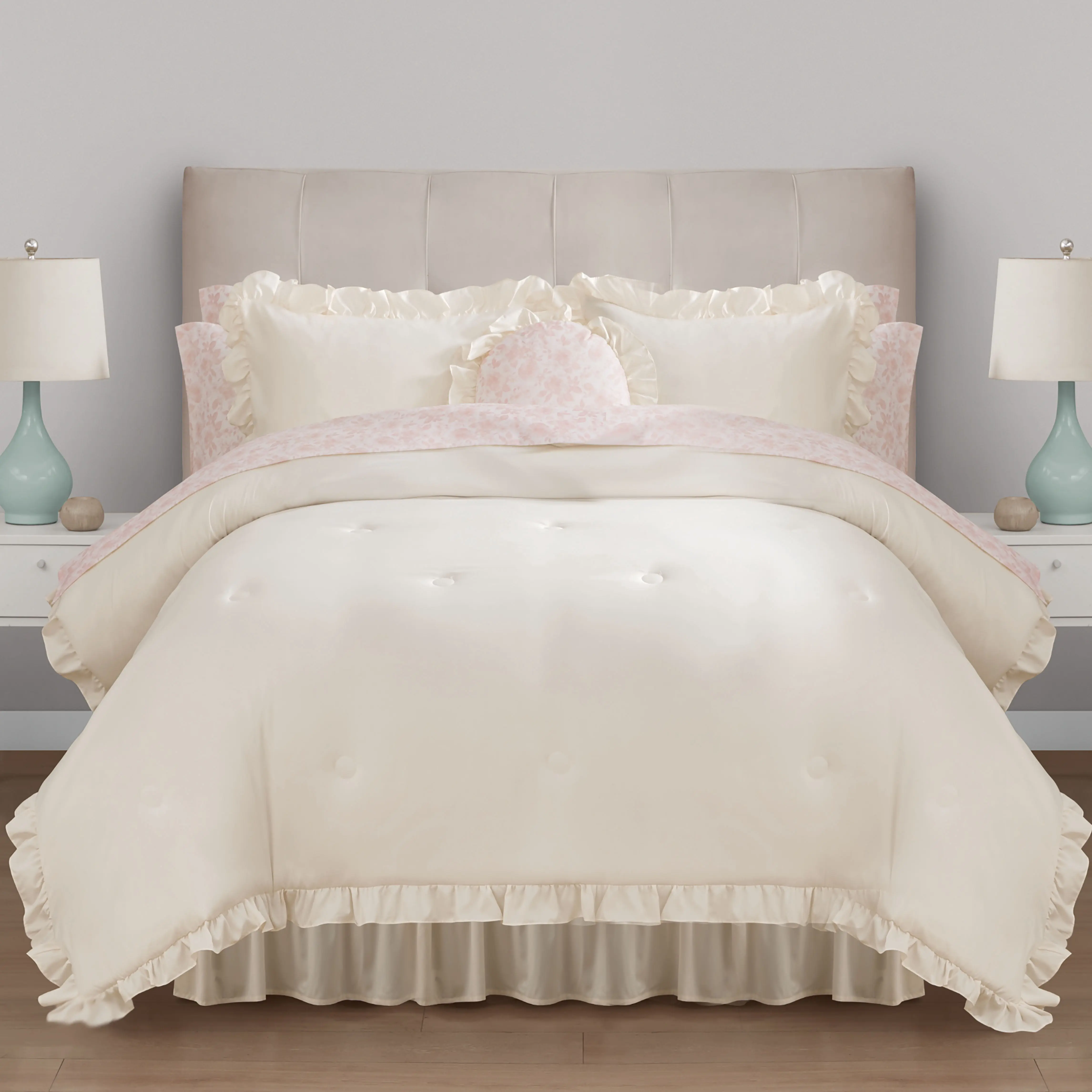 Mainstays All in One Reversible Comforter and Sheet set- 11 Piece, Queen, Cream Ruffle