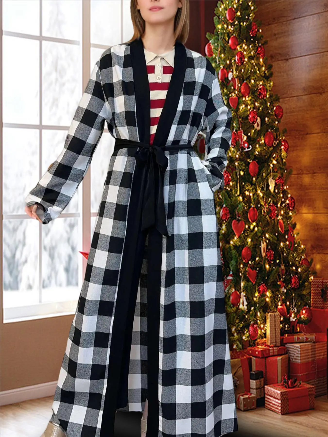 Women's Plaid Print Belted Abaya, Modest Casual Long Sleeve Open Front Outerwear for Daily Wear, Women's Islamic Clothing for Spring & Fall