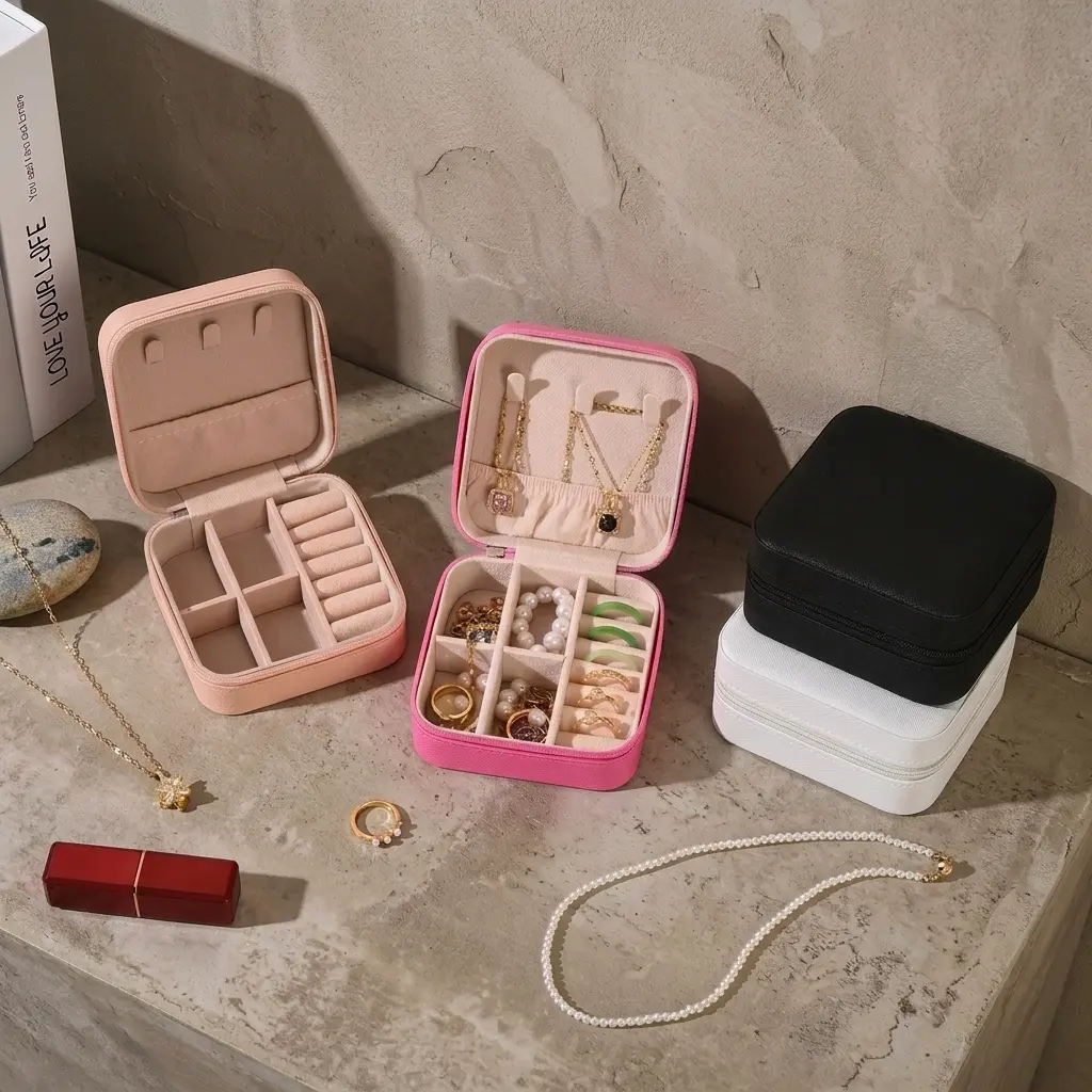 Mini Travel Jewelry Box Organizer with Secure Zipper for Women - Portable Storage Display Case with Padded Ring Rolls & Necklace Hooks for Vacations