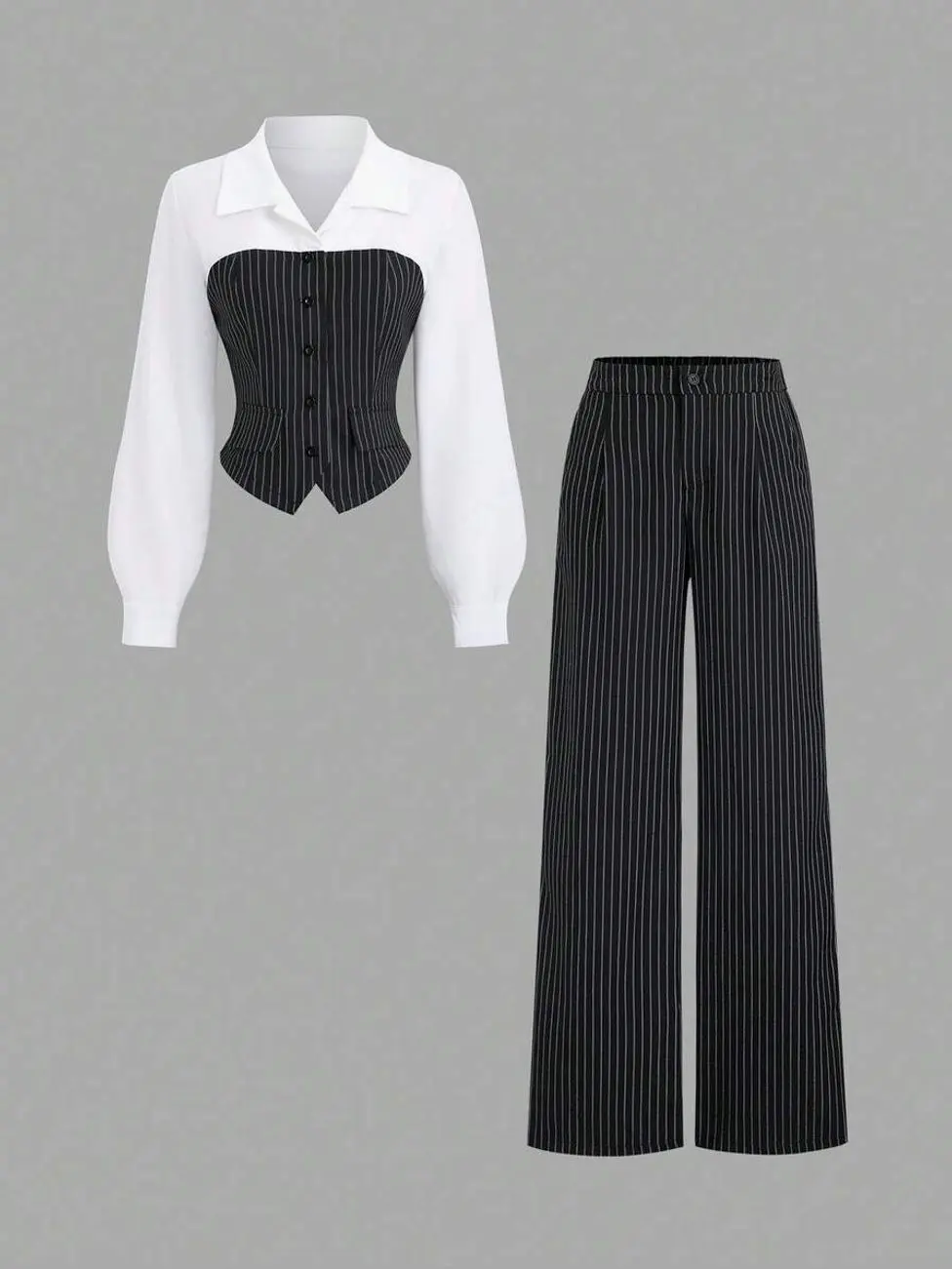 Women Striped Patchwork Lapel Long Sleeve Asymmetrical Blouse&Straight Leg Pants Suit,Black White Checkered,Fall Winter,Elegant,Office Teacher Outfit