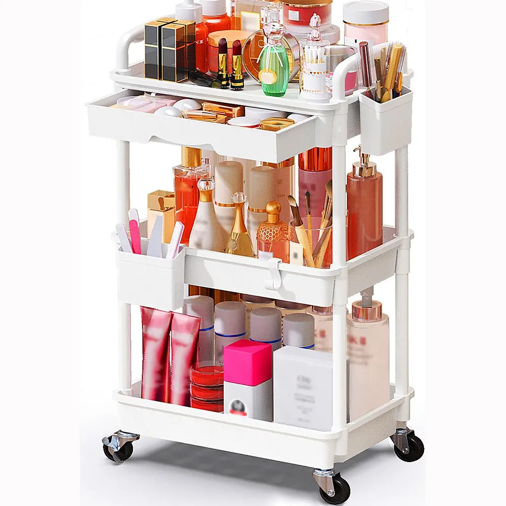Makeup Cart Organizer with Drawer, 3 Tier Rolling Makeup Cart, Pink | Rolling Vanity Storage for Skin Care Perfume Nail Polish, Floor Skincare Organizers Cosmetics Display Bathroom Storage Cart