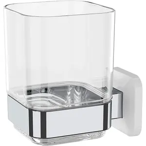 Wall-Mounted Tumbler and  Holder, Wall Mounted Adhesive   Organizer Stand for Bathroom, No Drilling Required (White+Chrome, 3.93"X3.93"X2.97")