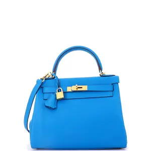 Pre-owned HERMÈS Leather Top Handle Bags Hermes Kelly Handbag Bleu Zanzibar Evercolor with Gold Hardware 28 by Rebag