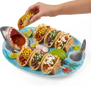 Shark Taco Holder, Handmade Ceramic Shark Sushi Plates, Funny Nacho Taco Stands Tray with Dipping Sauce Bowl, Microwave/Oven/Dishwasher Safe Plates, Holiday Birthday Gifts for Shark Party Lovers