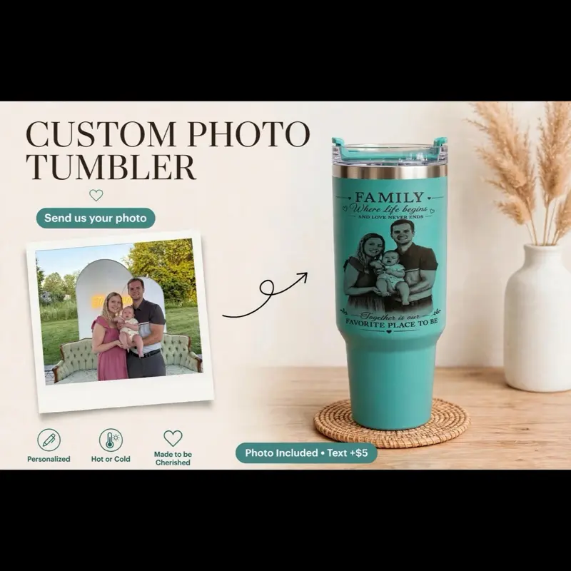 Custom Photo Tumbler 40oz - Personalized Picture Engraved Tumbler with Handle Lid Straw - Stainless Steel Insulated Cup - Custom Photo Text Gift Drinkware