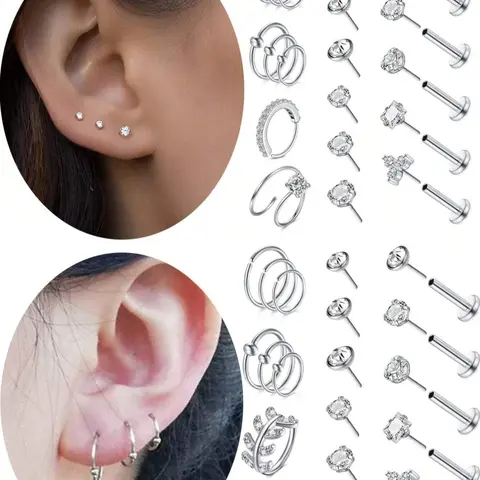 Stainless Steel Earrings Set, Push in Flat Back Earrings, Lip Staples Nose Rings, Nostril Piercing Men Women Spiral Piercing Jewelry, Body Piercing Jewelry, Piercings Jewelry
