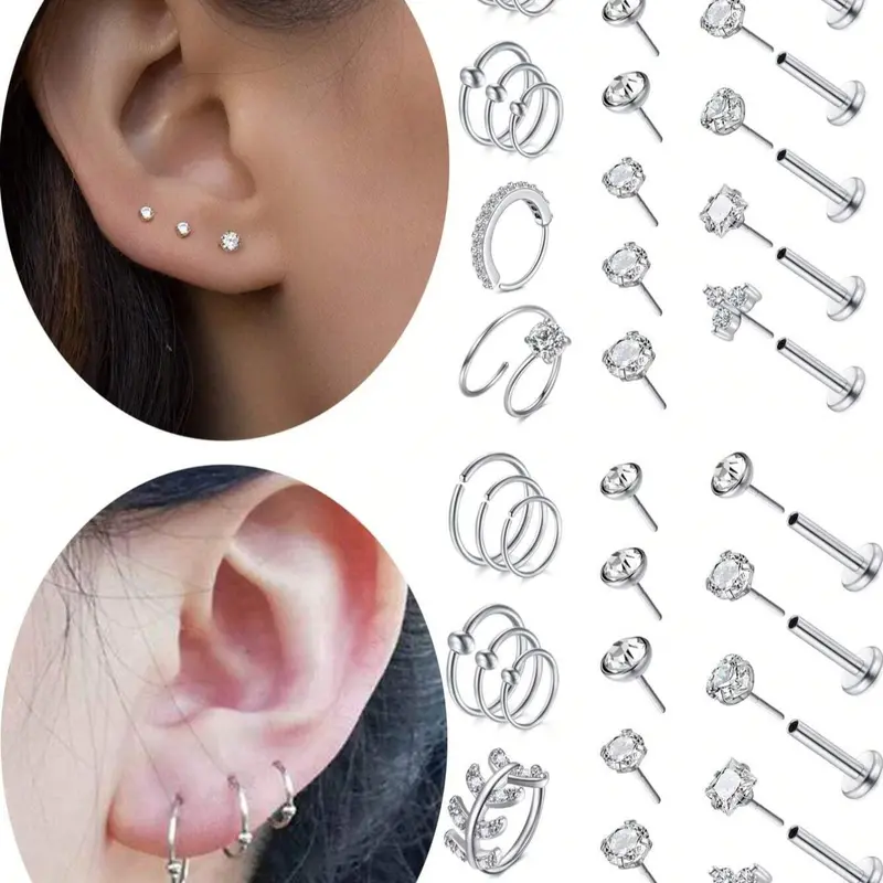 Stainless Steel Earrings Set, Push in Flat Back Earrings, Lip Staples Nose Rings, Nostril Piercing Men Women Spiral Piercing Jewelry, Body Piercing Jewelry, Piercings Jewelry
